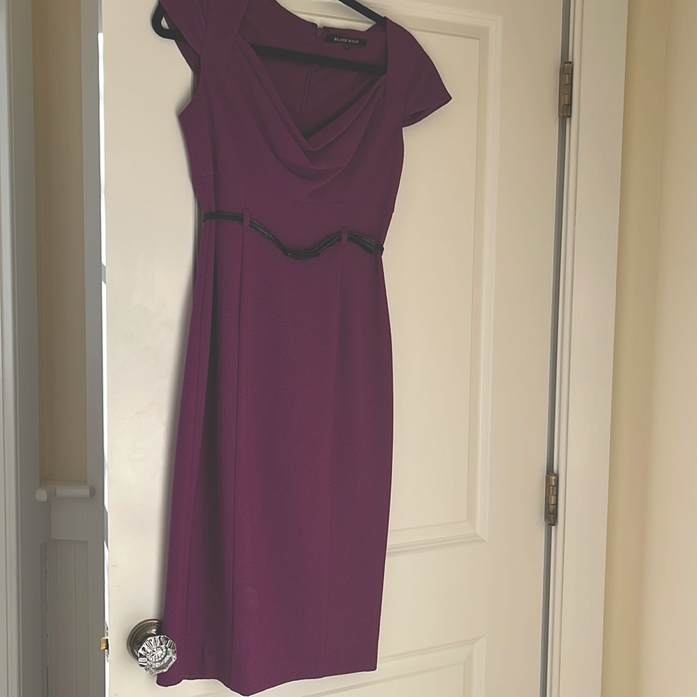 Rich purple dress with leather belt form fitted and fully lined.